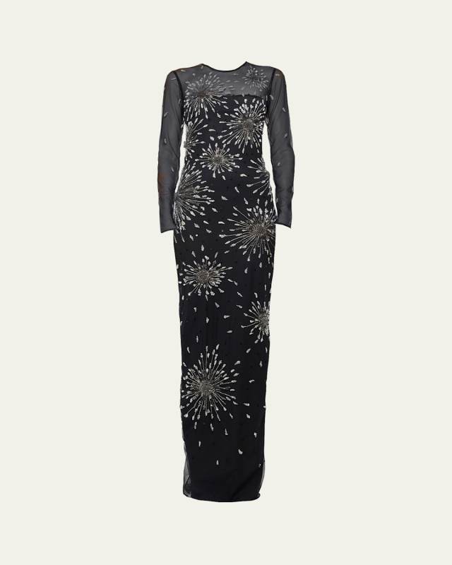 Tonya Beaded Long-Sleeve Gown